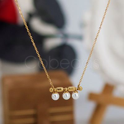 Three Round Glass Pearl Horizontal Bar Pendant 304 Stainless Steel Cable Chain Necklaces for Women WG28E74-01-1