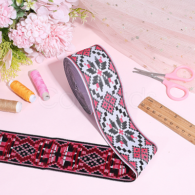 Rhombus Pattern Ethnic Style Embroidery Floral Polyester Ribbons OCOR-WH0070-324B-1