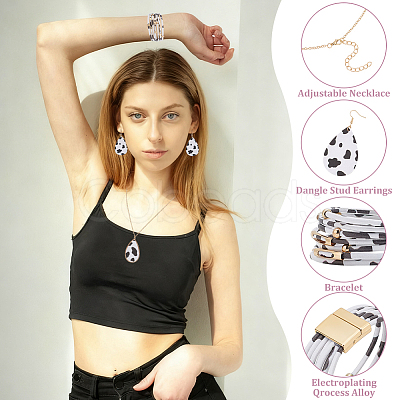 Leopard Teardrop PU Leather Pendant Necklaces & Bracelets & Dangle Earrings Sets SJEW-WH0007-07A-1