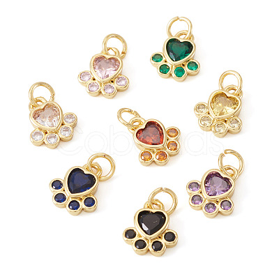 8Pcs 8 Colors Brass Pave Cubic Zirconia Paw Print Charms KK-TA0003-21-1