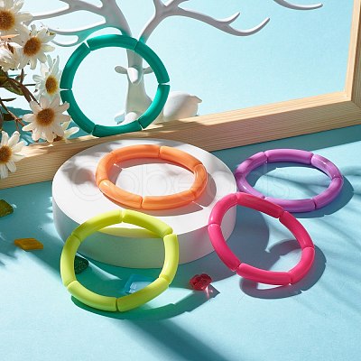 Candy Color Chunky Acrylic Curved Tube Beads Stretch Bracelets for Women BJEW-JB07312-1