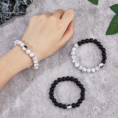 FIBLOOM 3Pcs 3 Styles Natural Howlite & Frosted Black Stone Beaded Stretch Bracelets Set BJEW-FI0001-21-1