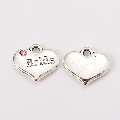 Wedding Theme Antique Silver Tone Tibetan Style Heart with Bride Rhinestone Charms X-TIBEP-N005-12D-1