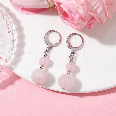 Round Natural Rose Quartz Dangle Earrings EJEW-JE05536-02-1