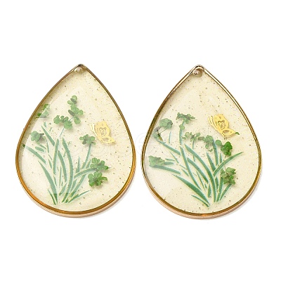 Brass & Transparent Epoxy Resin & Dried Flower Pendants RESI-G133-02G-05-1