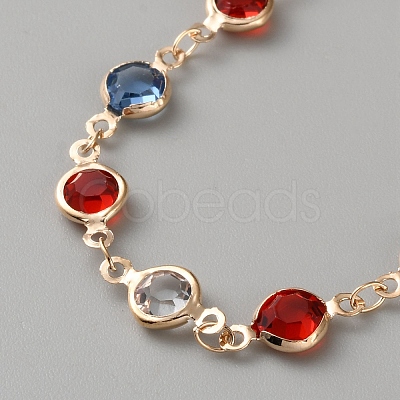 Brass Colorful Glass Flat Round Link Chain Necklaces NJEW-WH0016-78-1