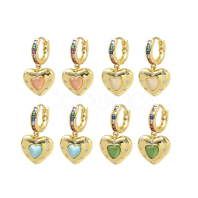 Brass Micro Pave Cubic Zirconia and Cat Eye Beads Heart Hoop Dangle Earrings KK-CBAD9DF-01G-1