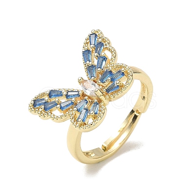 Adjustable Brass Butterfly Finger Rings with Light Blue Cubic Zirconia CU-CBA7E55-18G-02-1