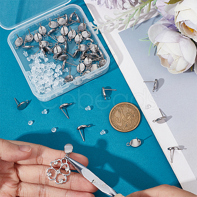 50Pcs 201 Stainless Steel Oval Stud Earring Findings STAS-UN0047-56-1