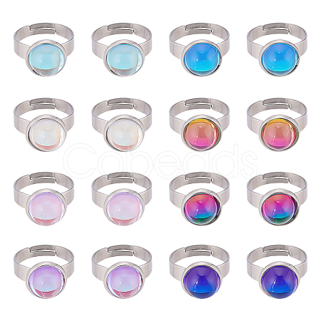 16Pcs 8 Colors Half Round K9 Glass Adjustable Ring RJEW-DC0001-13-1