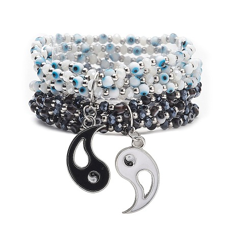 2Pcs 2 Color Lampwork Evil Eye & Glass Stretch Multi-strand Bracelets Set BJEW-JB08785-1