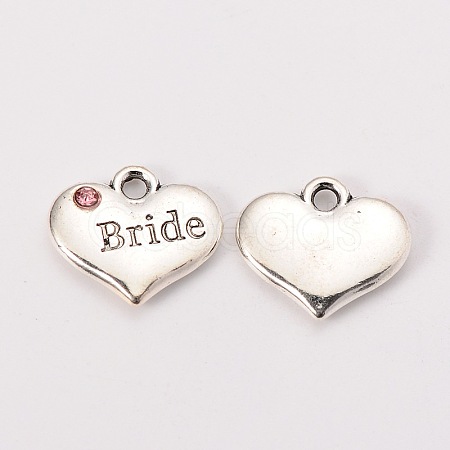 Wedding Theme Antique Silver Tone Tibetan Style Heart with Bride Rhinestone Charms X-TIBEP-N005-12D-1