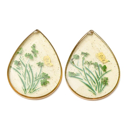 Brass & Transparent Epoxy Resin & Dried Flower Pendants RESI-G133-02G-05-1