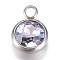 Glass Charms, Faceted, with 304 Stainless Steel Findings, Flat Round, Lilac, 14x10x6.5mm, Hole: 2.5mm