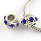 Barrel Antique Silver Plated Metal Alloy Rhinestone European Beads, Large Hole Beads, Sapphire, 10~11x9mm, Hole: 5mm