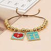 8mm Round Brass Bead Glass Seed Beaded Square with Heart Letter FE Charms Bracelets RH7908-4