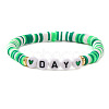 Flat Round with Heart & Word Day Brass & Polymer Clay Heishi Beads Stretch Bracelets for Women BK9964-20-1