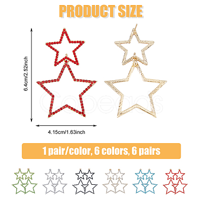 FIBLOOM 6 Pairs 6 Colors Alloy Hollow Star Dangle Stud Earrings with Rhinestone for Women EJEW-FI0001-87-1