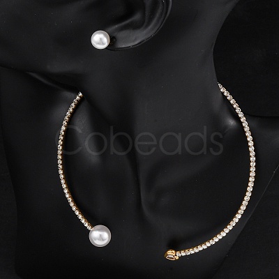 Round Plastic Imitation Pearl Stud Earrings & Heart Cubic Zirconia Rhinestone Cuff Choker Necklaces Sets SJEW-U003-08G-1