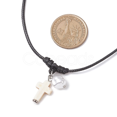 Adjustable Dyed Synthetic Turquoise with Round Plastic Imitation Pearl Cross Pendant Black Waxed Polyester Cord Necklaces for Women NJEW-JN05384-02-1