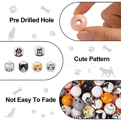 160Pcs 11 Styles Printed Cat & Dog Wood Beads WOOD-TA0001-74-1