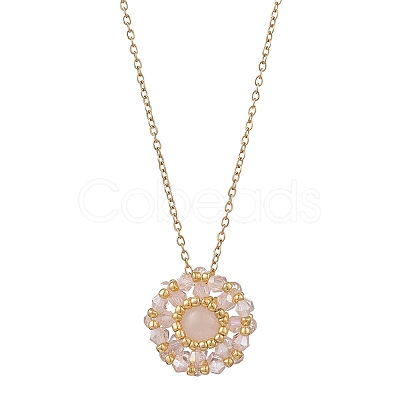 Natural Rose Quartz & Glass Seed Beaded Flat Round Pendant 304 Stainless Steel Cable Chain Necklaces NJEW-MZ00129-01-1