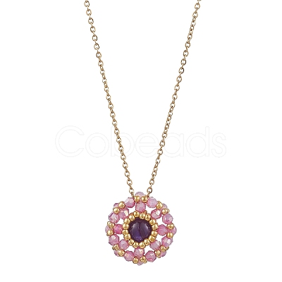 Natural Amethyst & Glass Seed Beaded Flat Round Pendant 304 Stainless Steel Cable Chain Necklaces NJEW-MZ00129-03-1