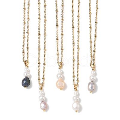Ocean Natural Cultured Freshwater Pearl & Round Shell Pearl Beaded Pendant 304 Stainless Steel Satellite Chain Necklaces for Women NJEW-JN06039-1