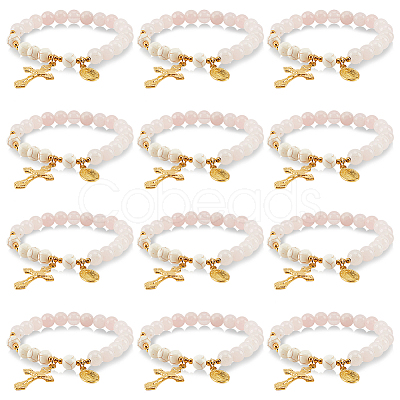 Natural Rose Quartz & Synthetic Turquoise Round Beaded Stretch Bracelet BJEW-PH01531-01-1