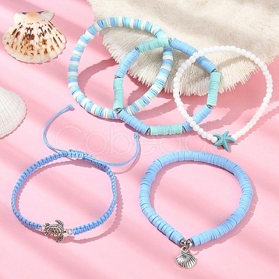 5Pcs 5 Style Polymer Clay Heishi Surfer Stretch Bracelets Set BJEW-TA00370-1