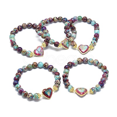 Natural Regalite/Imperial Jasper/Sea Sediment Jasper Heart Link Bracelets G-G974-07-1