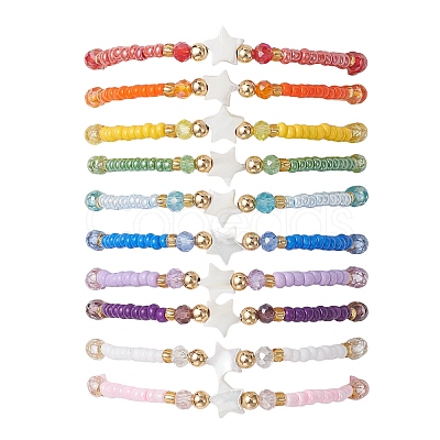 10Pcs Glass Seed Beads & Glass & Natural Trochid Shell Beaded Stretch Bracelets for Women BJEW-MZ00285-1