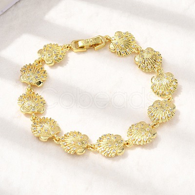 Summer Beach Brass Micro Pave Clear Cubic Zirconia Shell Shape Link Chain Bracelets BJEW-C118-02B-G-1