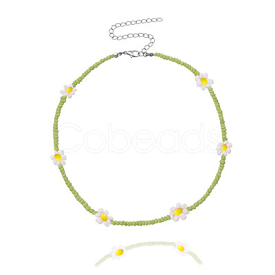 Bohemian Daisy Flower Glass Seed Beaded Necklaces with Alloy End Chains FS-WGC49A6-15-1