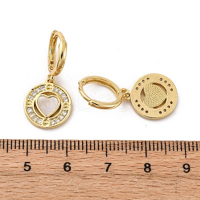 Heart with Flat Round Brass Micro Pave Clear Cubic Zirconia Hoop Earrings KK-D363-11A-G-1