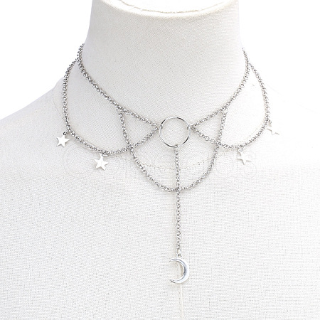 Moon & Star Zinc Alloy Tassel Layered Choker Necklaces FS-WG2E652-05-1