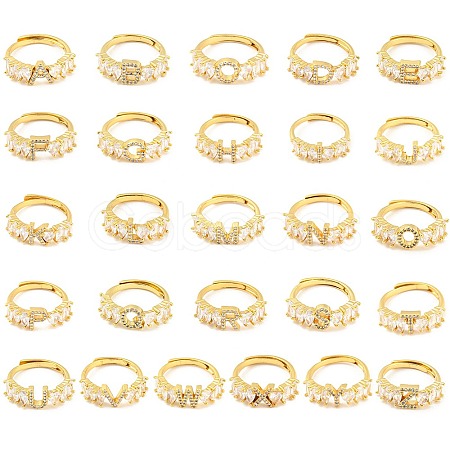 26Pcs 26 Style Initial Letter A~Z Clear Cubic Zirconia Adjustable Rings Set RJEW-Q781-17G-1
