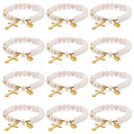 Natural Rose Quartz & Synthetic Turquoise Round Beaded Stretch Bracelet BJEW-PH01531-01-1