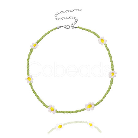 Bohemian Daisy Flower Glass Seed Beaded Necklaces with Alloy End Chains FS-WGC49A6-15-1