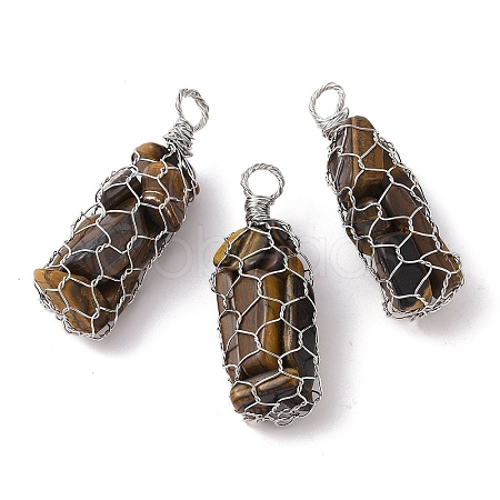 Rack Plating Copper Wire Wrapped Natural Tiger Eye Chip Big Pendants G-C130-01P-01-1