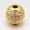 Round Brass Micro Pave Cubic Zirconia Beads, Clear, Real 18K Gold Plated, 12mm, Hole: 2mm