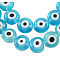 Handmade Lampwork Beads, Evil Eye, Flat Round, Cyan, about 8mm in diameter, 4mm thick, hole: 1mm, about 50pcs/strand