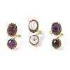 Natural Gemstone Oval Open Cuff Ring with Rhinestone RJEW-F134-01G-1