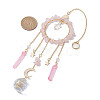 Natural Rose Quartz Chip Pendant Decorations with Brass Moon & Cable Chain & Electroplated Quartz Crystal Tassel HJEW-JM01650-04-3