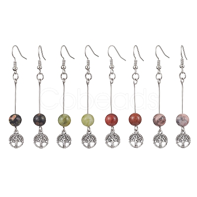 4 Pairs Natural Gemstone Round Beaded Dangle Earrings EJEW-JE05630-1