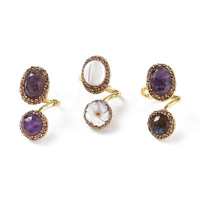 Natural Gemstone Oval Open Cuff Ring with Rhinestone RJEW-F134-01G-1