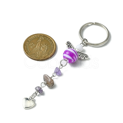 Gemstone Chip & Alloy Heart Pendant Keychain with Acrylic Beads KEYC-JKC00538-1
