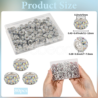 80Pcs Polymer Clay Rhinestone European Large Hole Beads with Silver Color Plated Brass Cores FPDL-LT0001-02D-1