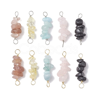 10Pcs 5 Styles Constellation Natural Citrine & Black Tourmaline & Aquamarine & Strawberry Quartz & Rose Quartz Copper Wire Wrapped Chip Beaded Connector Charms PALLOY-JF02905-01-1