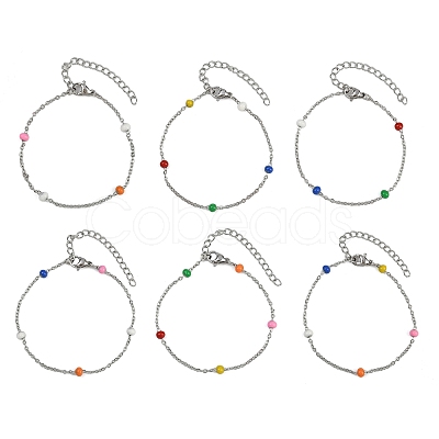 304 Stainless Steel Cable Chain Bracelet with Enamel Rondelle Beaded BJEW-G683-02P-01-1